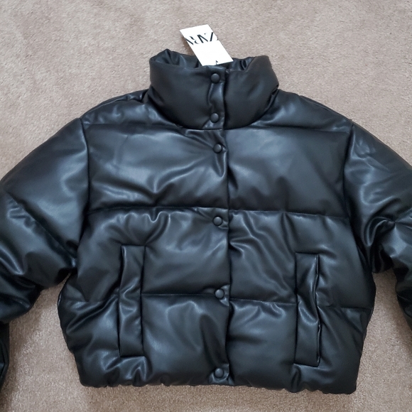 NW ZARA BLACK FAUX LEATHER PUFFER JACKET - Picture 13 of 14